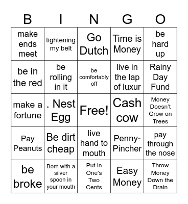 Money idioms Bingo Card