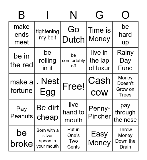 Money idioms Bingo Card