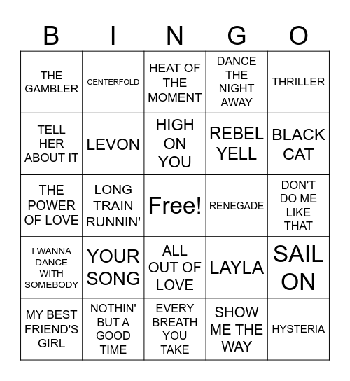 60s/70s/80s Bingo Card