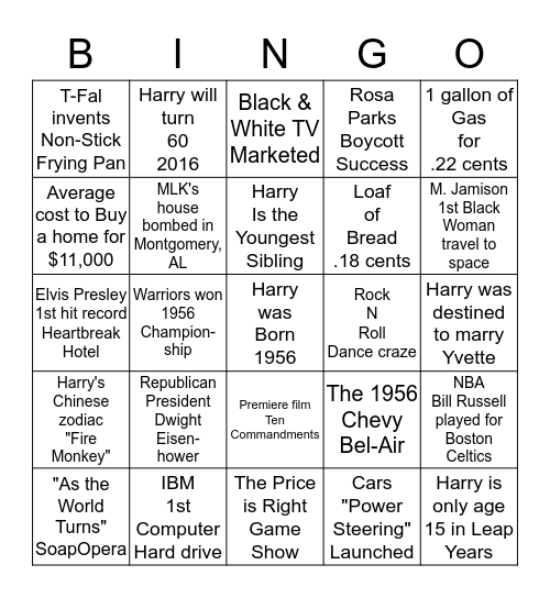 Events in 1956 Bingo Card