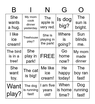 Sentence Bingo! Bingo Card