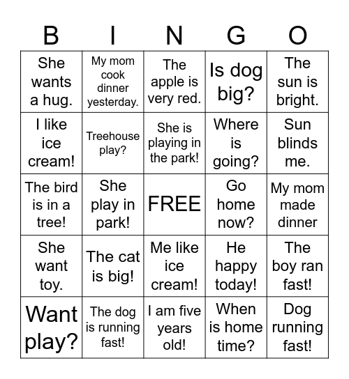 Sentence Bingo! Bingo Card