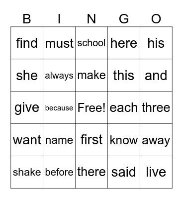 sight words Bingo Card