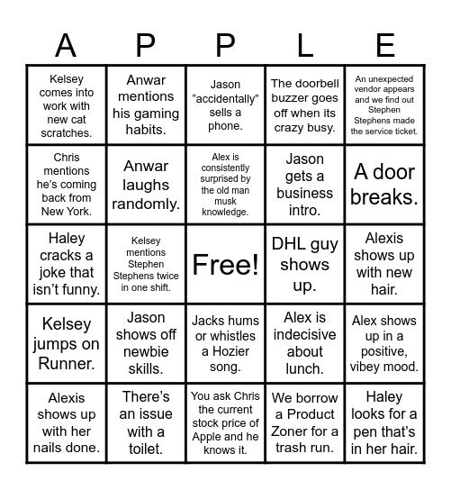 Backstage Bingo Card