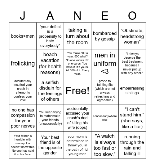 JANE-O Bingo Card