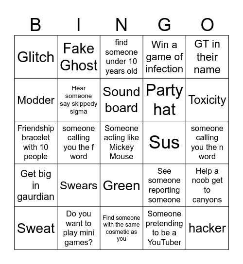 Gorilla Tag Bingo Card