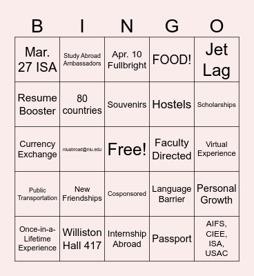 NIU STUDY ABROAD BINGO Card