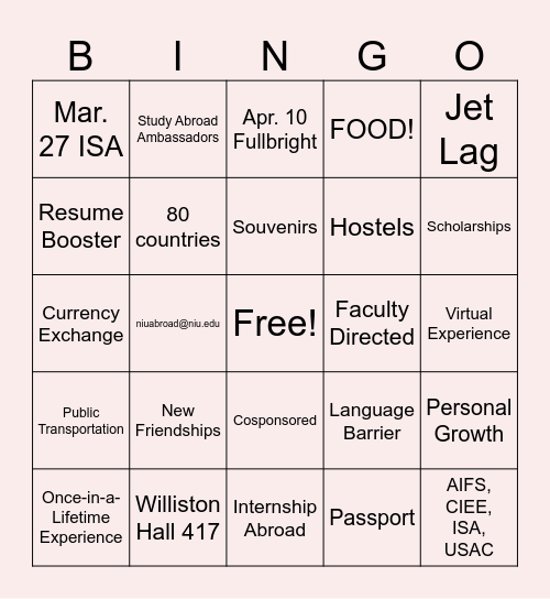 NIU STUDY ABROAD BINGO Card