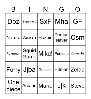Cosplay Bingo Card