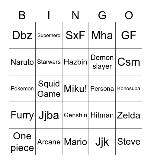 Cosplay Bingo Card