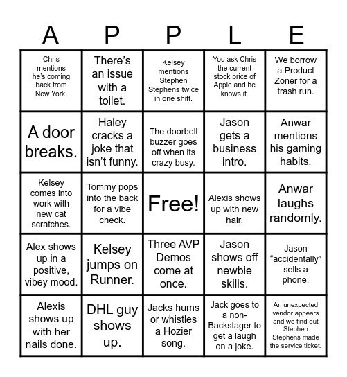 Backstage Bingo Card