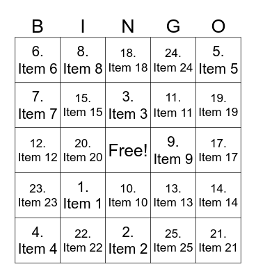 Test Bingo Card