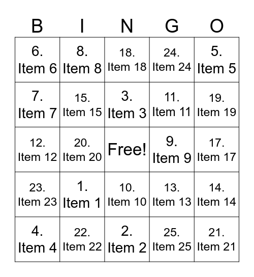 Test Bingo Card