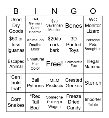 Reptile Expo Bingo Card