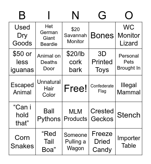 Reptile Expo Bingo Card