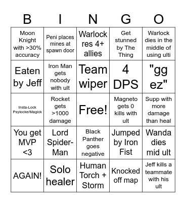 Marvel Quick Bingo Card