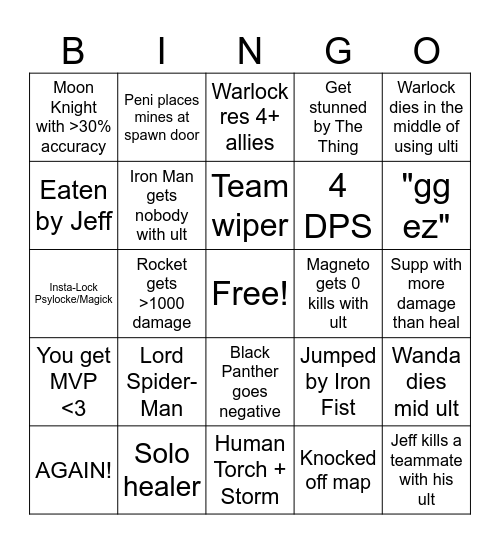 Marvel Quick Bingo Card
