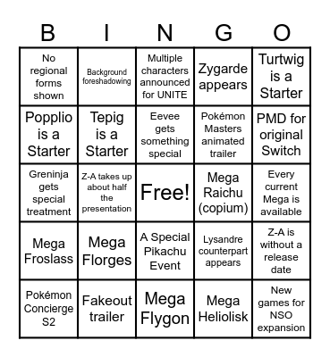Pokemon Presents 2025 Bingo Card