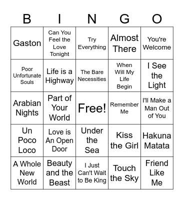 Disney Singo Bingo Card