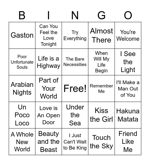 Disney Singo Bingo Card