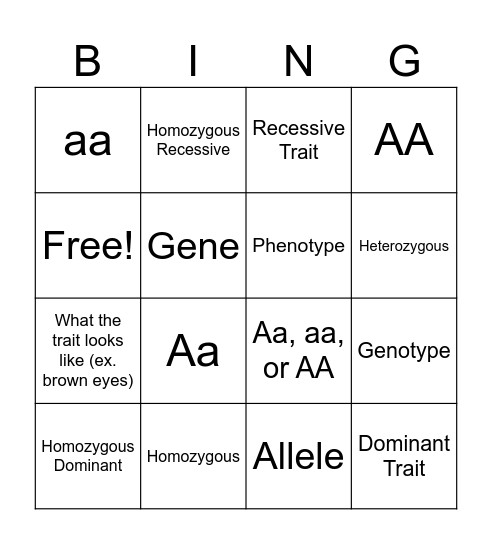 Punnett Square Vocab Bingo Card