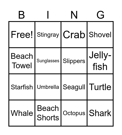Beach and Ocean Bingo Card