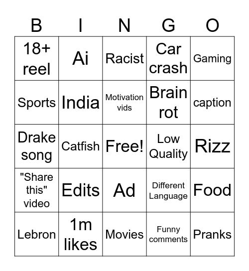 Instagram bingo Card
