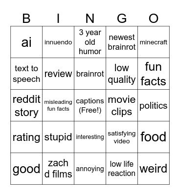 YOUTUBE SHORTS BINGOOOOO Bingo Card