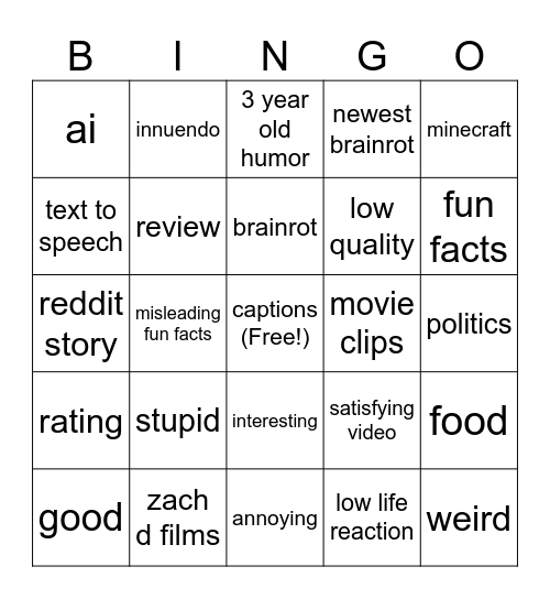 YOUTUBE SHORTS BINGOOOOO Bingo Card