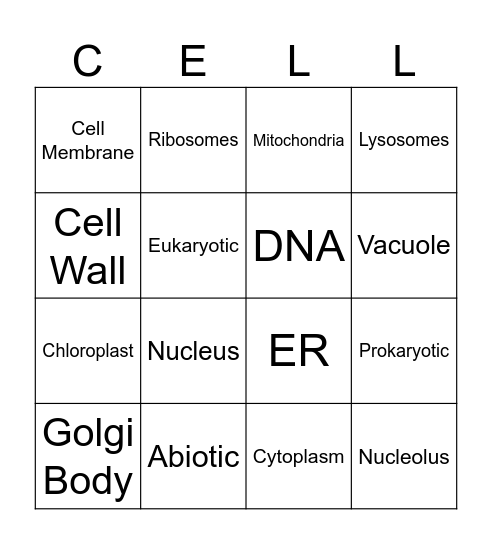 Organelle Review Bingo Card