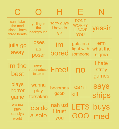 Cohen Bingo Card
