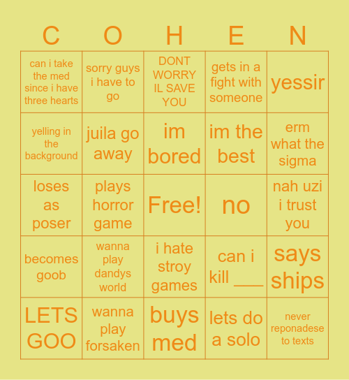 Cohen Bingo Card