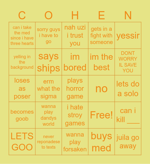 Cohen Bingo Card