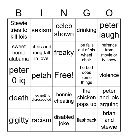 Family Guy Bingo Card