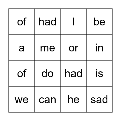 Sight words Bingo Card