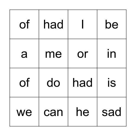 Sight words Bingo Card