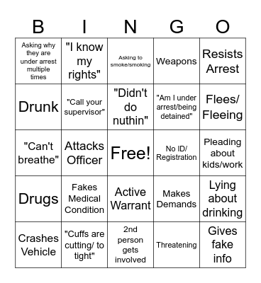 Body Cam Bingo Card