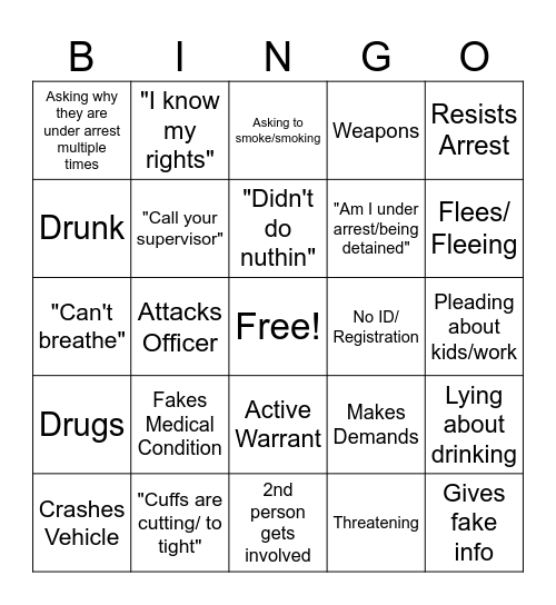 Body Cam Bingo Card