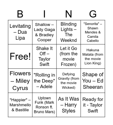 Songs Bingo Card