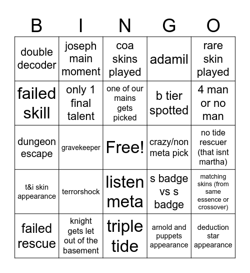 coa Bingo Card