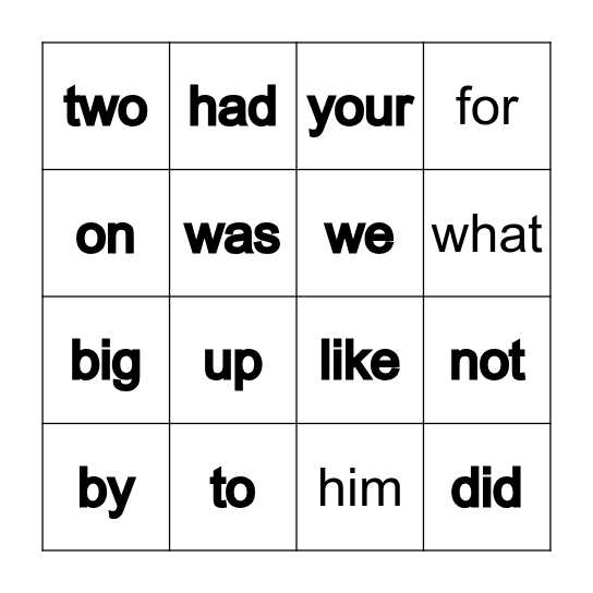Sight Word Bingo Card