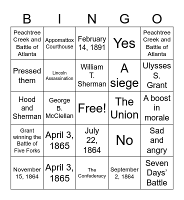 History Project Bingo Card