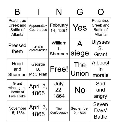 History Project Bingo Card