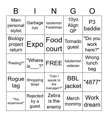 LULULEMON BINGO Card