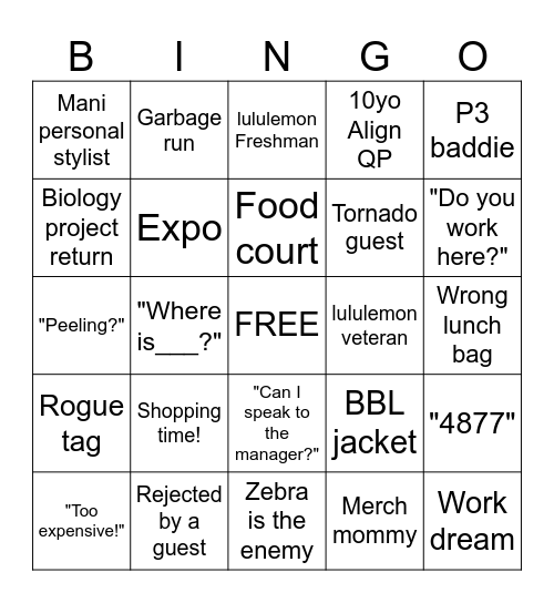 LULULEMON BINGO Card