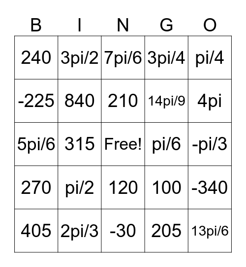 Radian/Degree Conversion Bingo Card