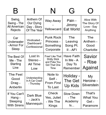 No Dice Emo Bingo Card
