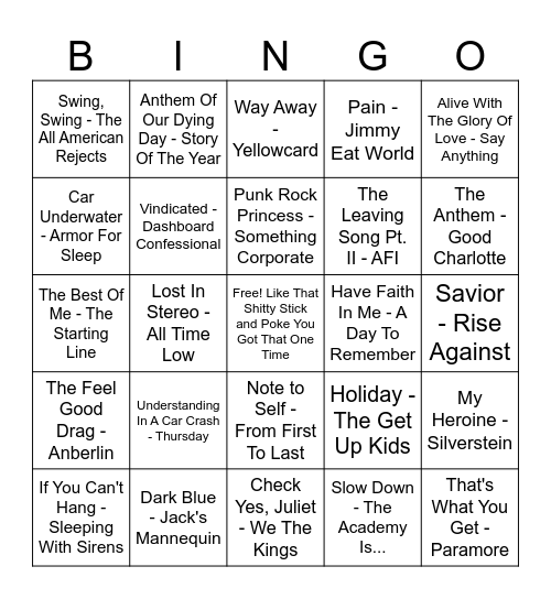No Dice Emo Bingo Card