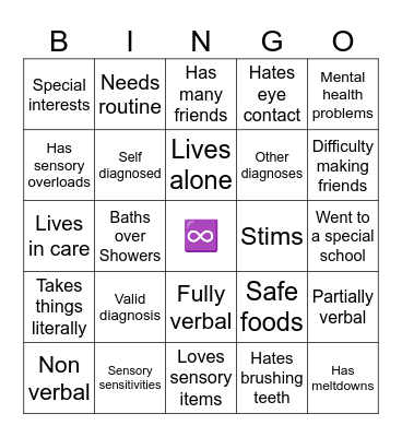 Autism bingo Card