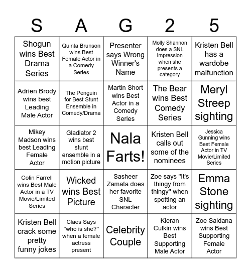 SAG Awards 2025 Bingo Card